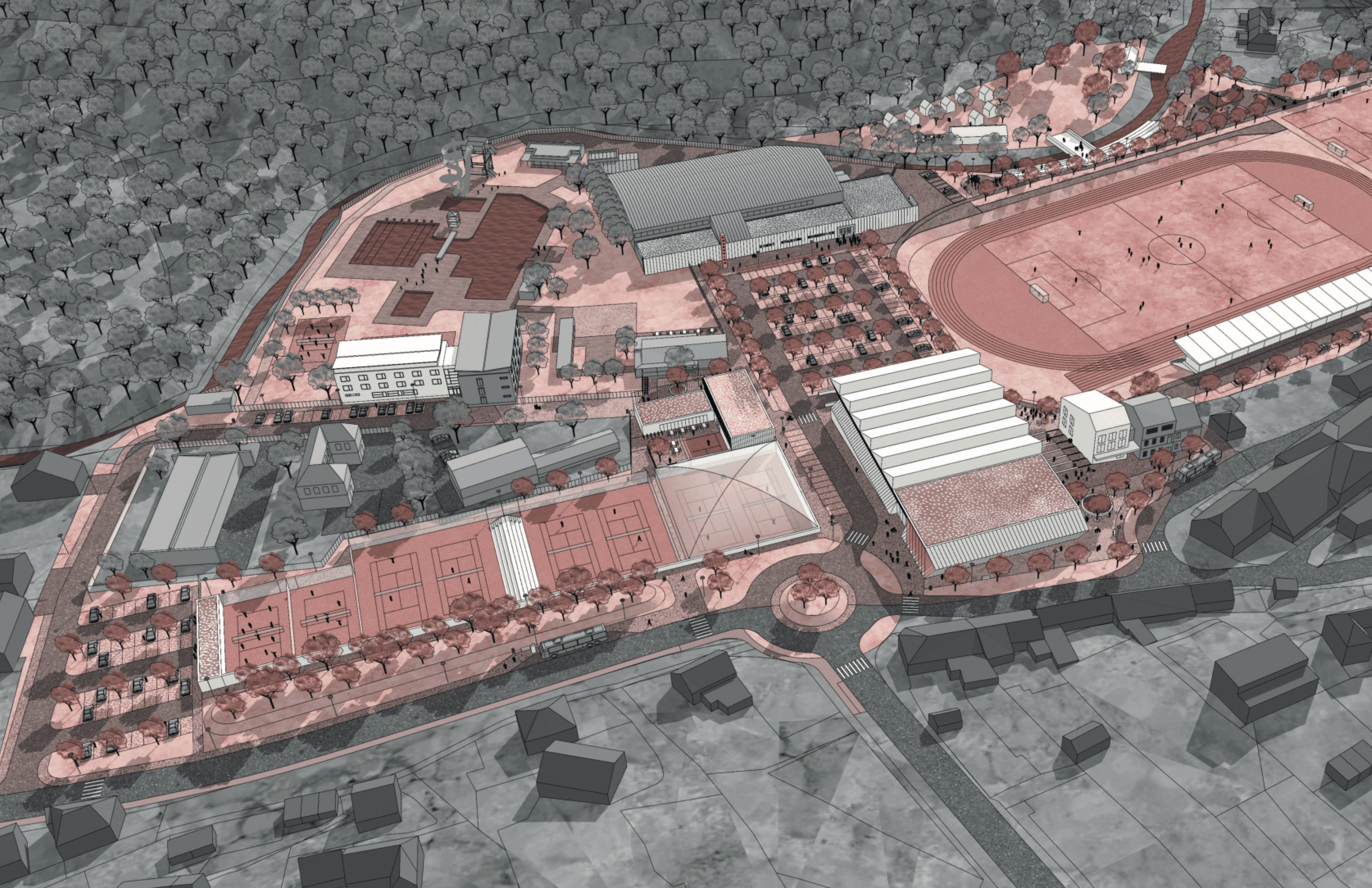 Generel sportovního areálu Červená zahrada, napravo od kruhové křižovatky naznačena poloha budoucí sportovní haly